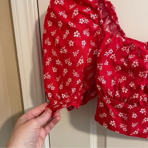& Other Stories Linen Floral Milkmaid Crop Top Red Size 4 - Picture 4 of 9